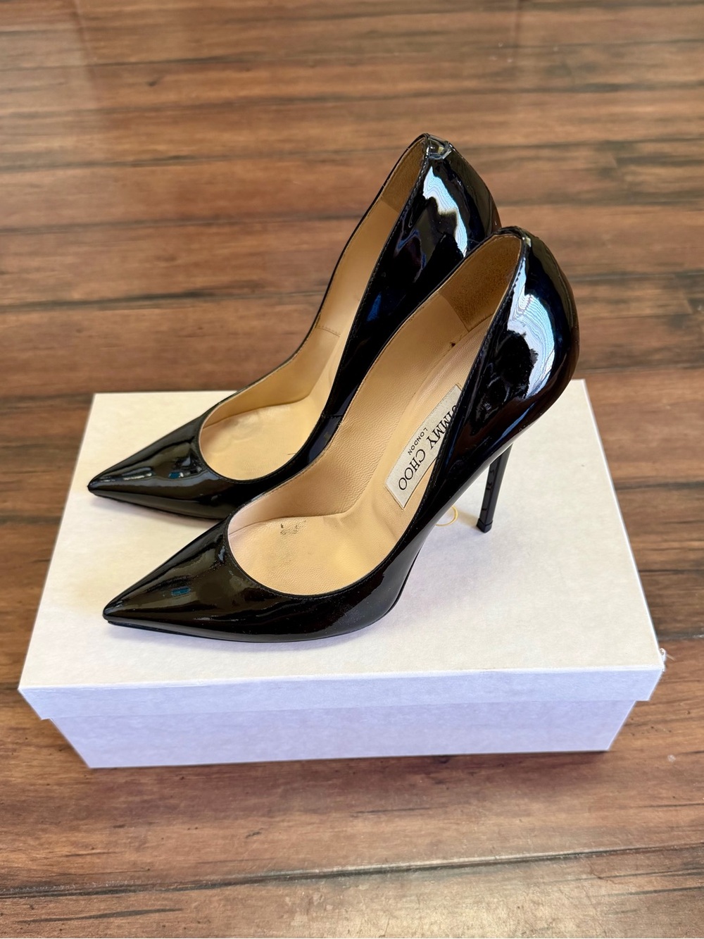 Jimmy Choo Tacco 120 Black Patent Leather Pointed Toe Pumps EU 37.5 US 7.5